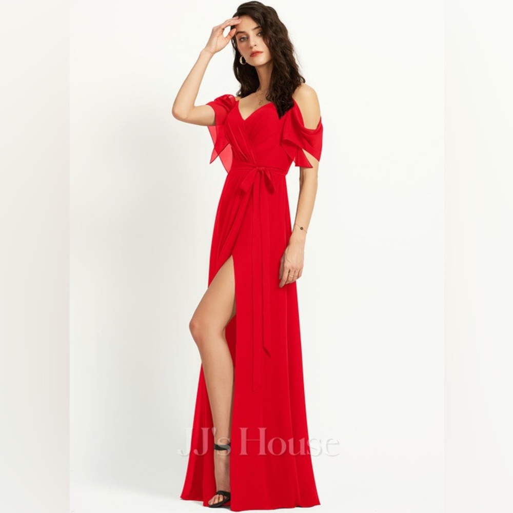 A-line V-Neck Floor-Length Chiffon Bridesmaid Dress With Ruffle